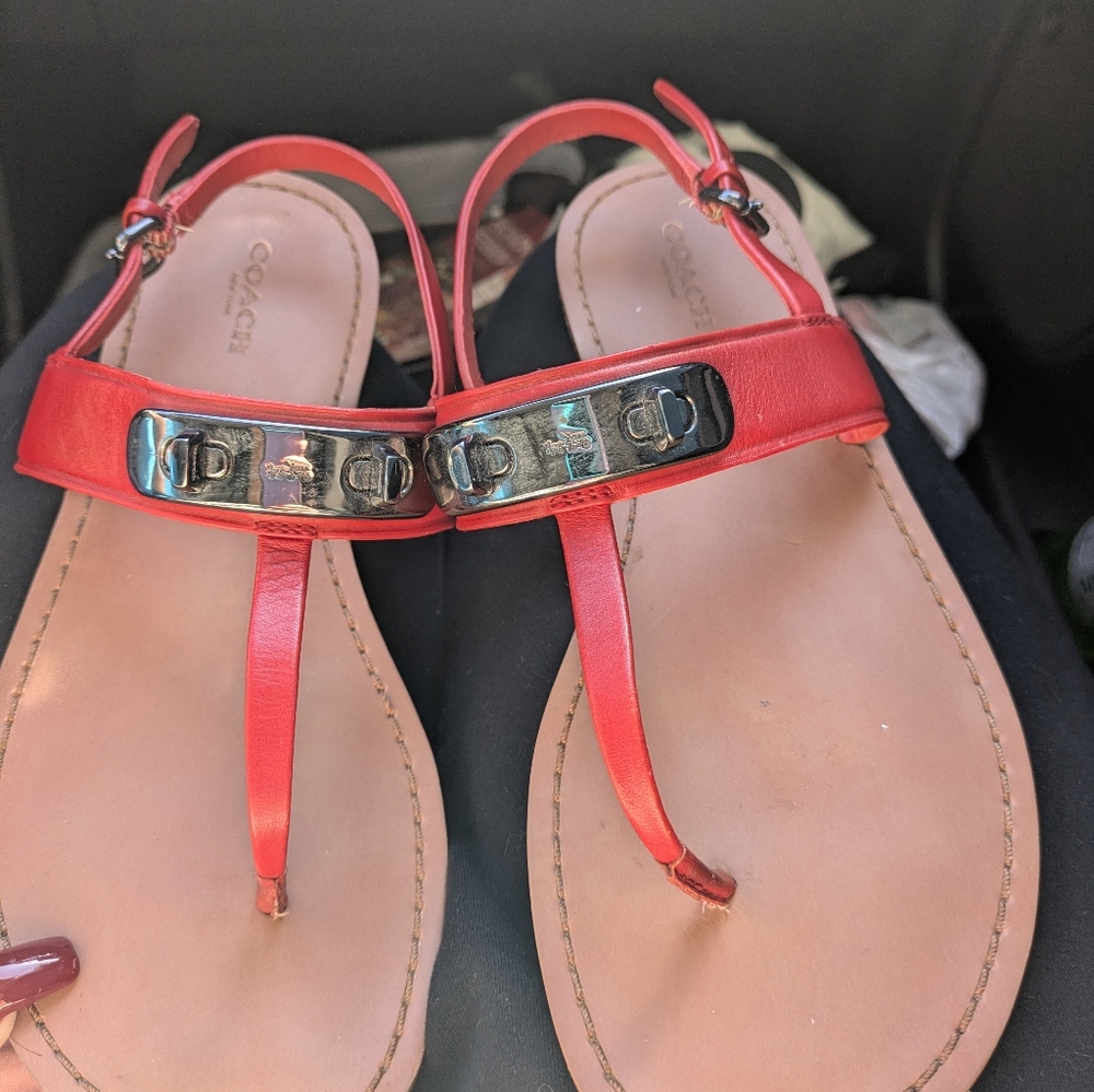Coach Red Leather Sandals with Silver Accents